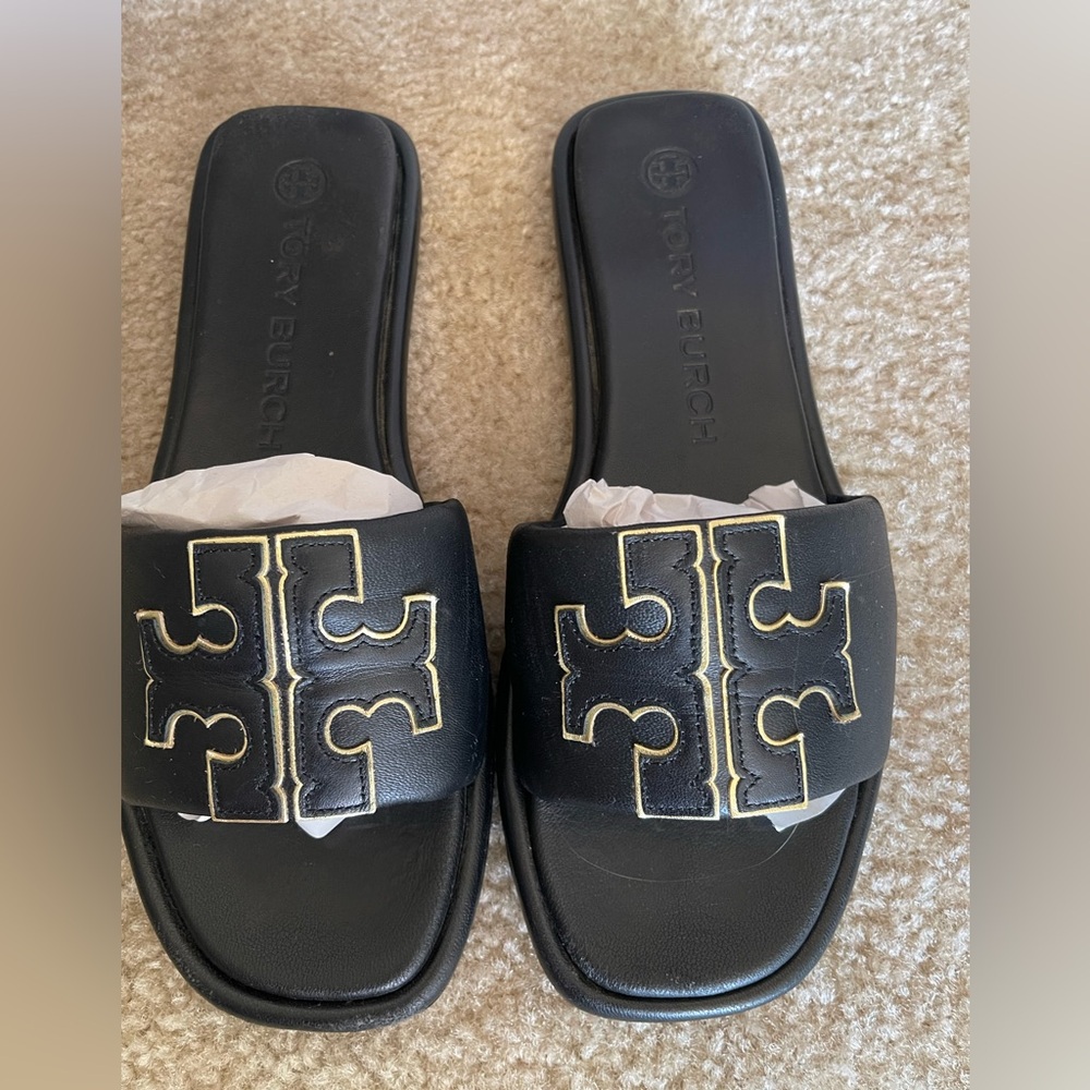 Tory Burch Black Slides with Gold Accents